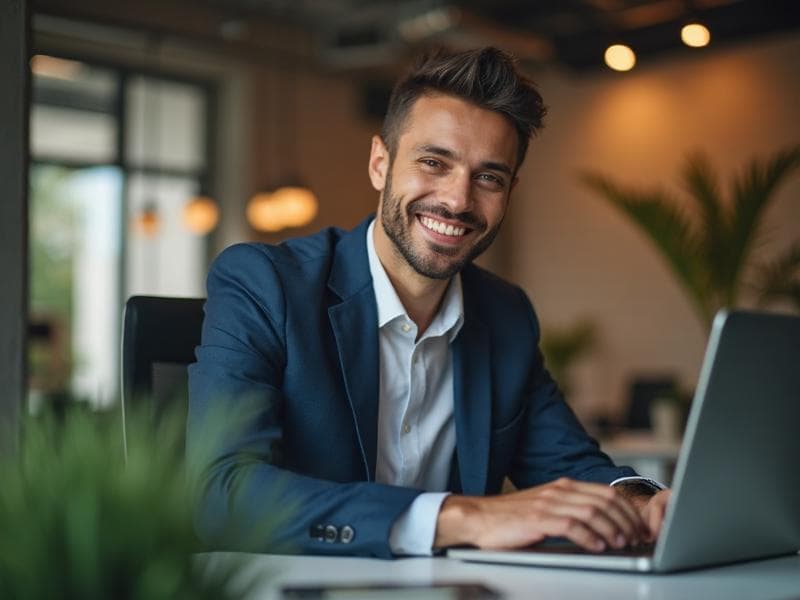 Smiling professional at a laptop