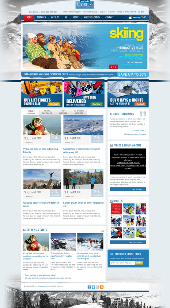 Home page Winter Adventure Travel Joomla Virtuemart Template - inner page